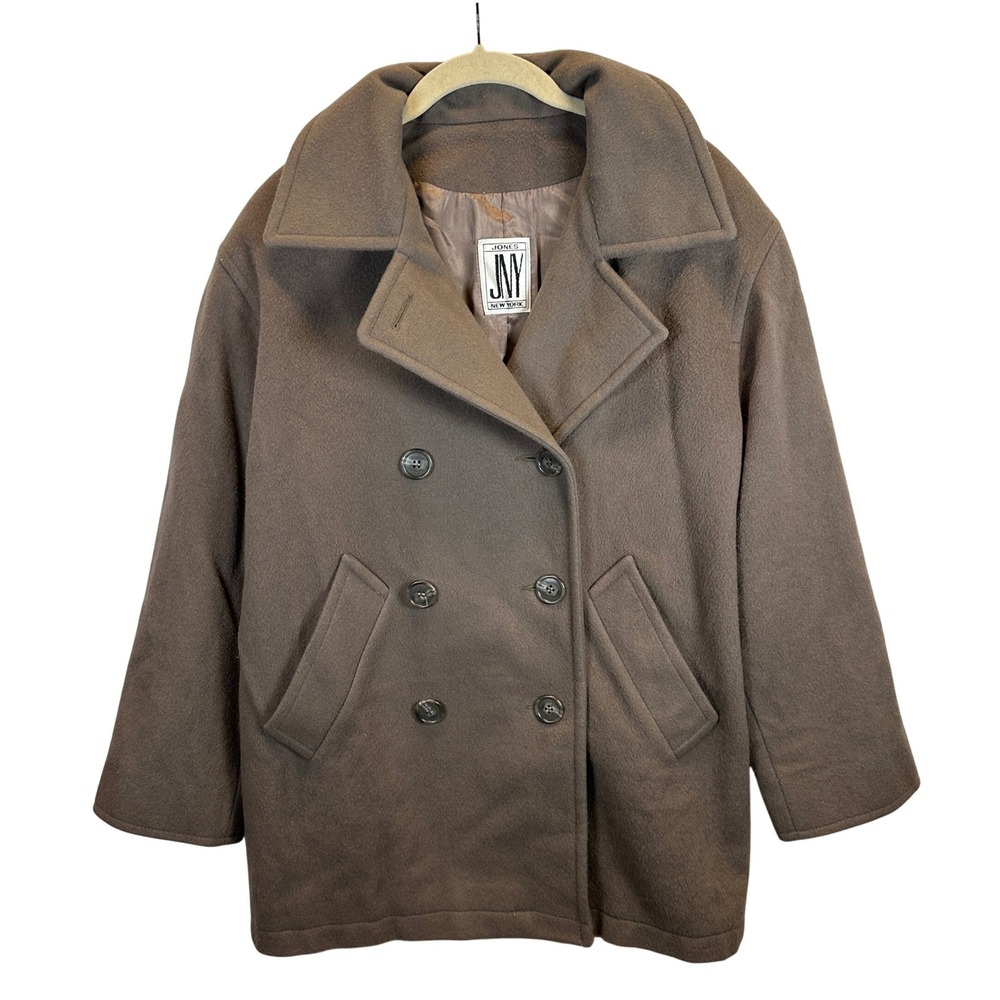 Jones New York JNY Brown 100% Pure Wool Double Breasted Pea Coat Jacket